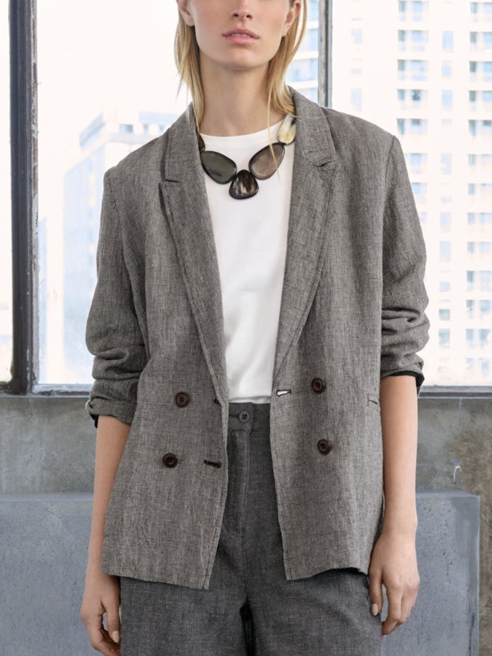 Poetry High Twist Dogtooth Linen Double Breasted Jacket In Monochrome Size 8